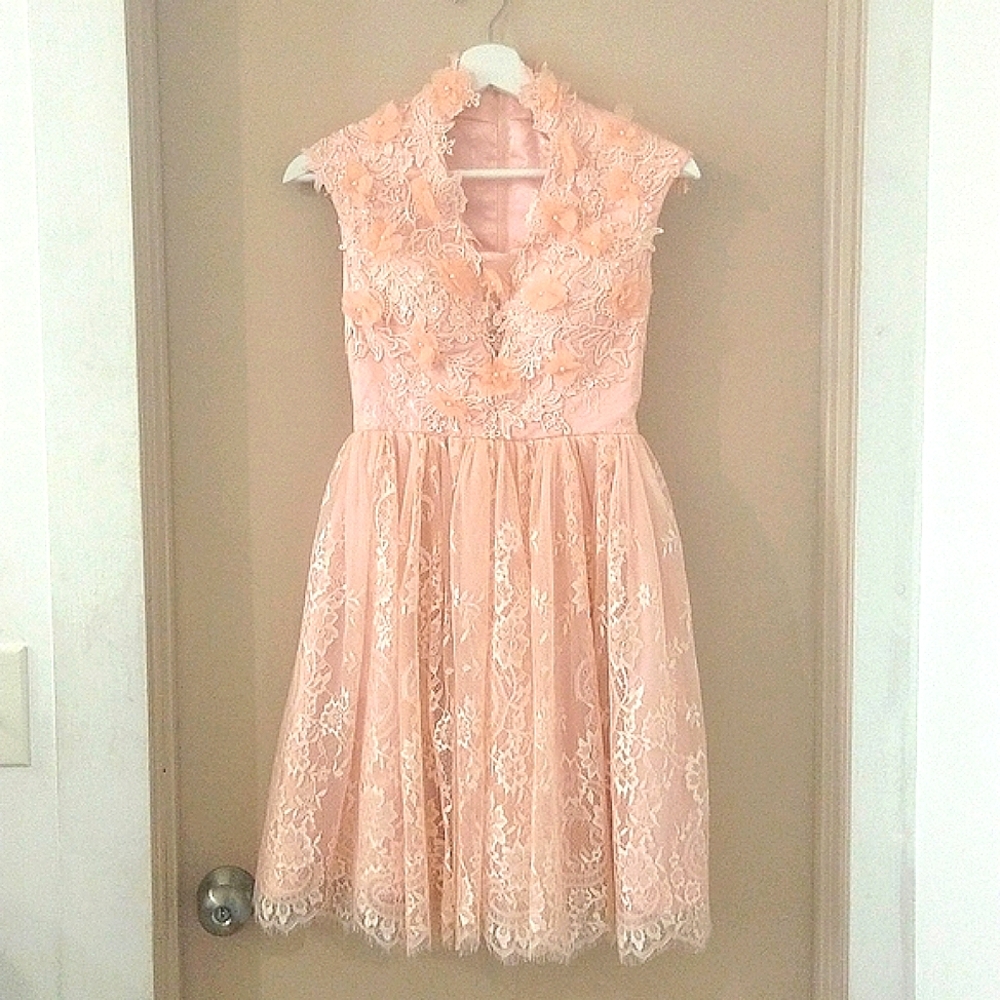 Peach lace formal mini dress